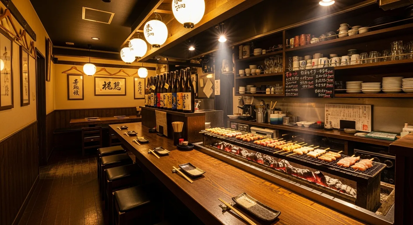 カウンター席で焼き鳥を提供する店内飲食の様子